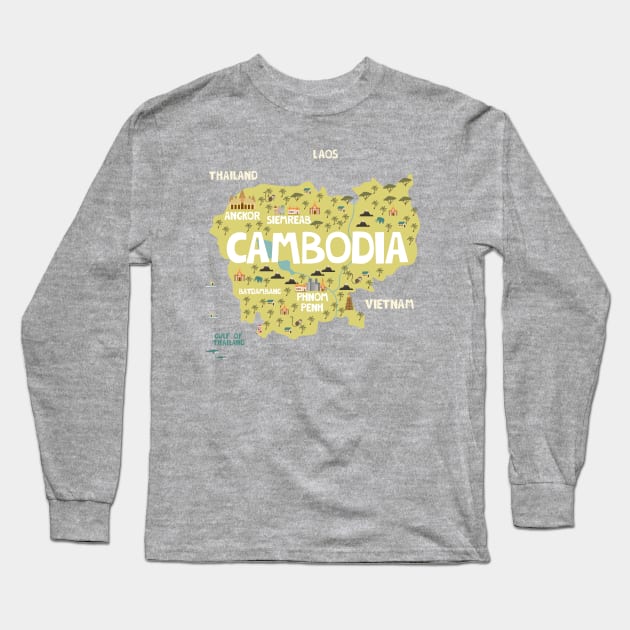 Cambodia illustrated map Long Sleeve T-Shirt by JunkyDotCom